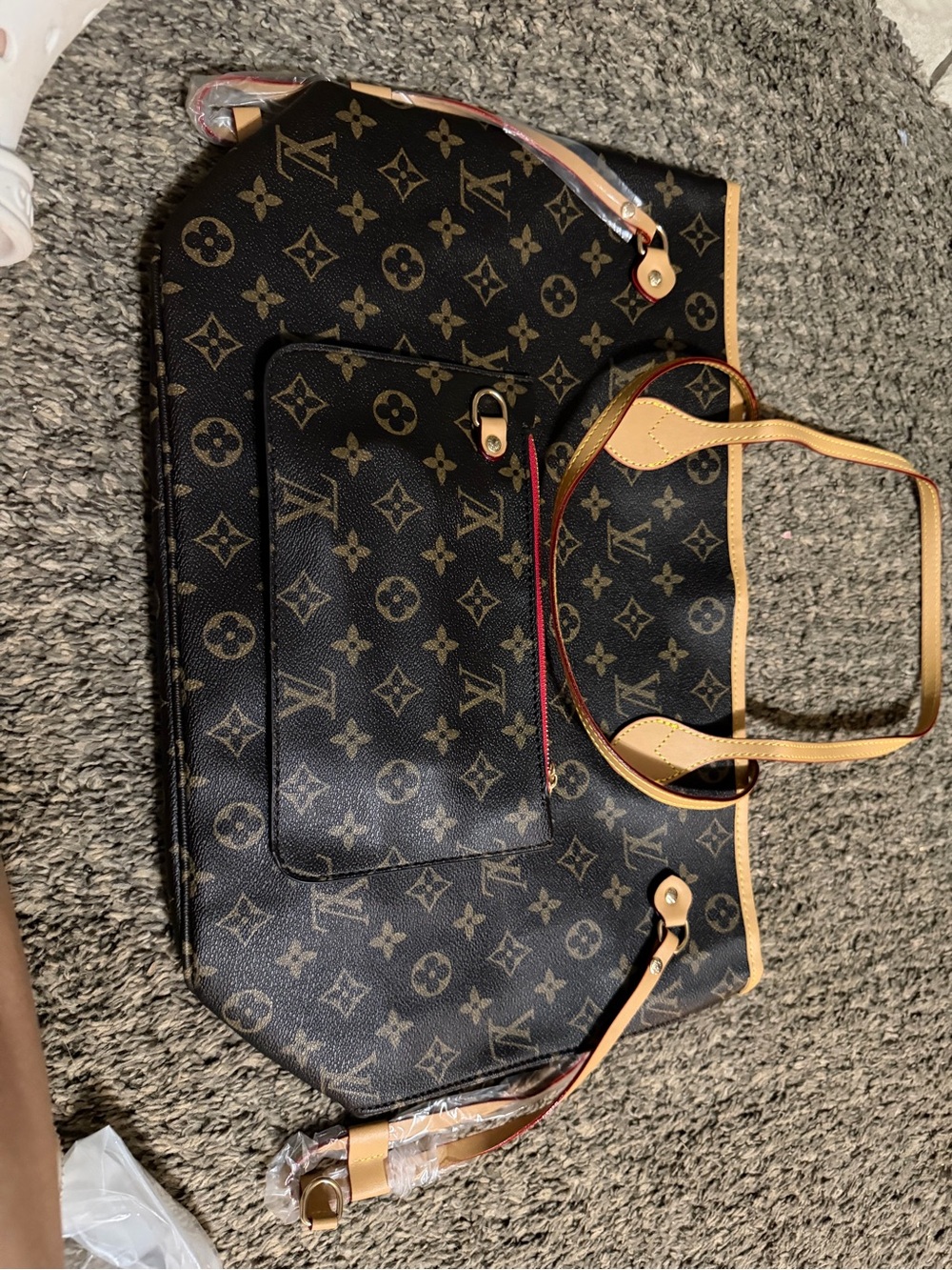 Louis Vuitton Monogram Canvas Tote with Tan Trim and Red Edge